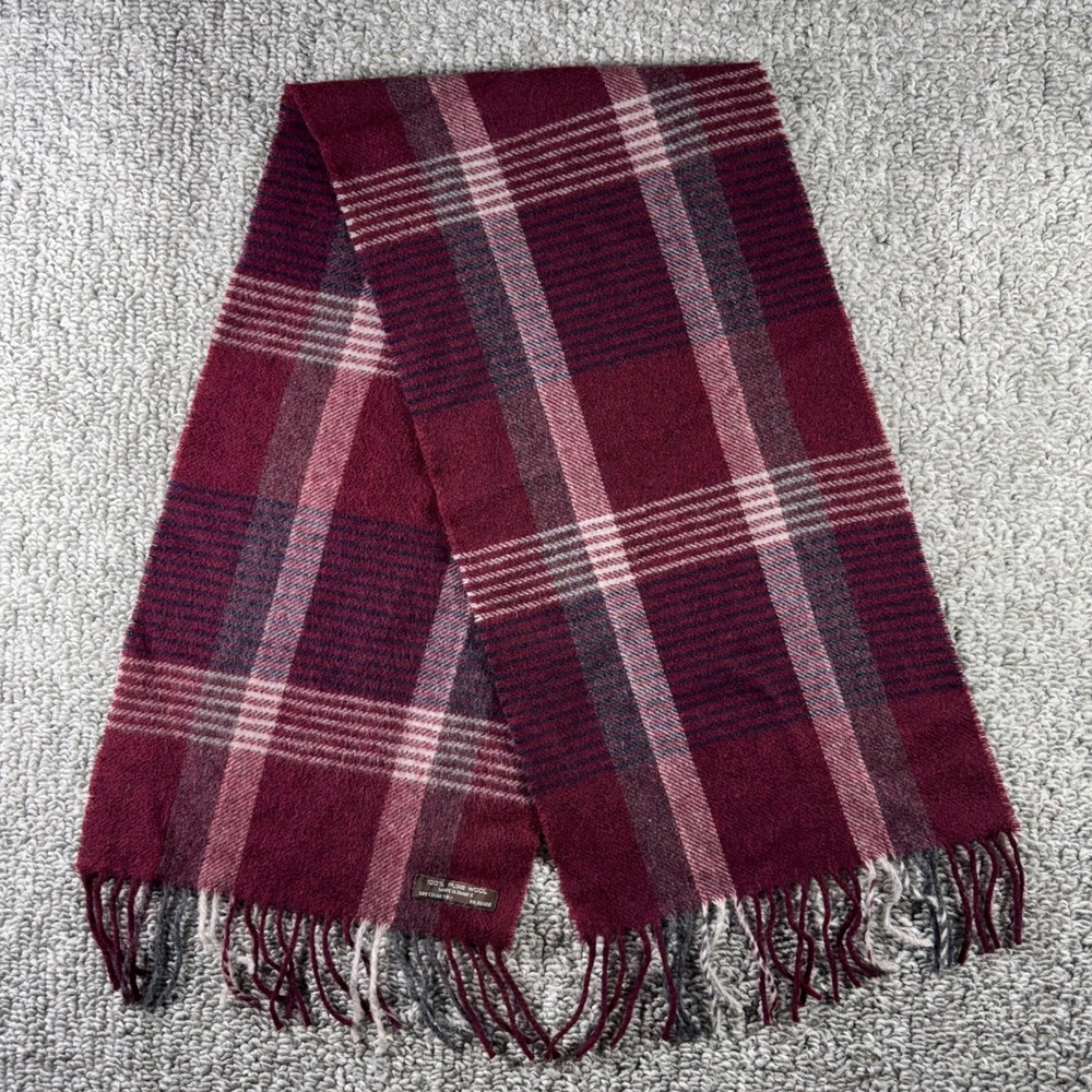 Pure Wool Scarf Burgundy Plaid Fringed Made in France Heritage Unisex OS